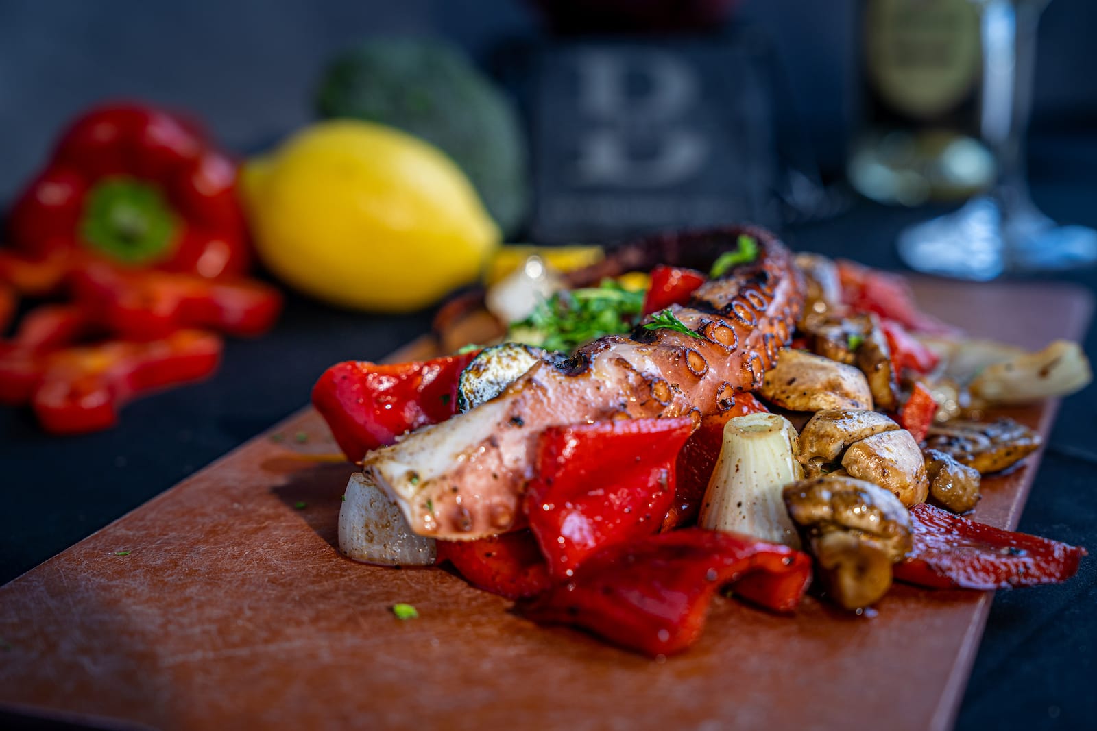 Mediterranean grilled octopus with seasonal vegetables at Beso Las Vegas